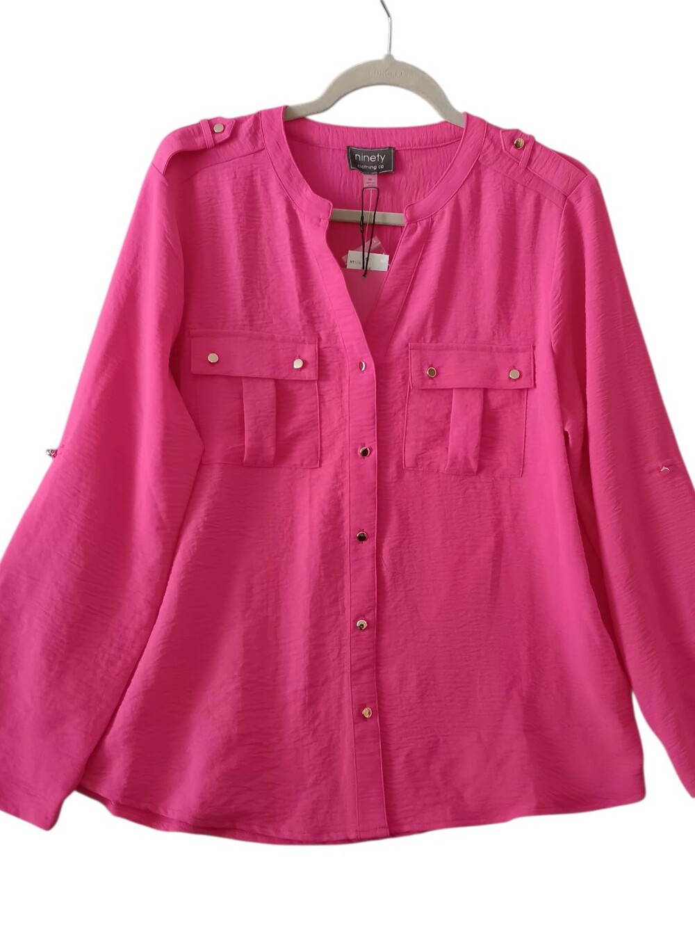 Ninety Clothing Co Chiffon Blouse Size M Fuchsia Pink Roll Tab Sleeve Feminine